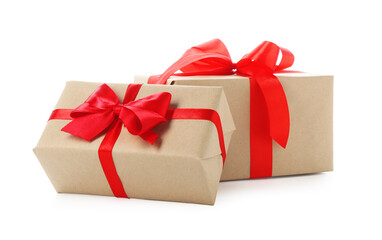 Beautiful gift boxes with bows isolated on white