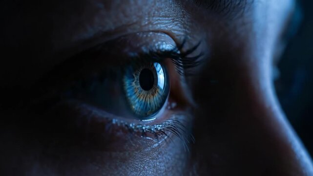 Blue eye close up iris pupil reflection with futuristic biometric scan glowing interface