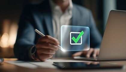 Close-up of a businessman's hand using a stylus to select a glowing green check mark on a digital interface. Concept of task completion, quality approval, and successful verification in business.