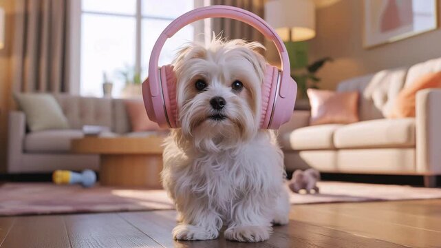 Fluffy Maltese Dog with Pastel Pink Headphones in Cozy Bedroom