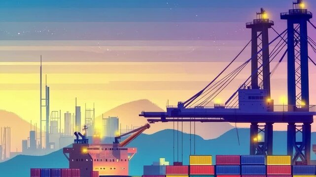 A large cargo ship is docked at a busy port filled with multicolored containers. The sunset creates a beautiful backdrop against a modern skyline and mountains.