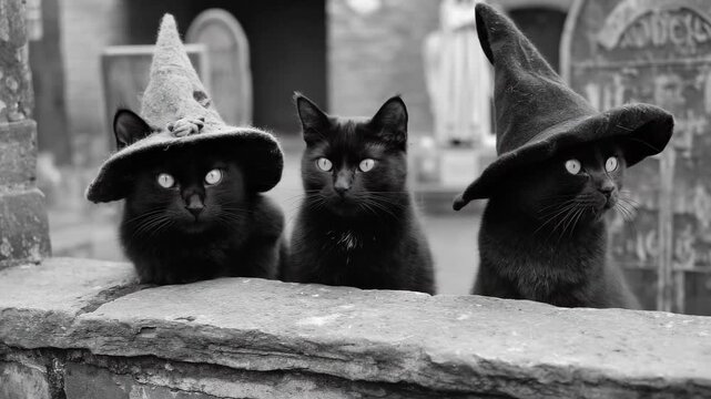 black and white vintage horror photo of three black cats wearing witch hats sitting on a graveyard wall