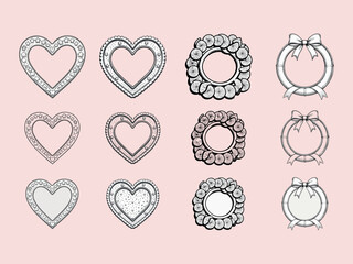This image displays a collection of decorative black-and-white frames featuring heart shapes, floral circles, and ribbon designs arranged