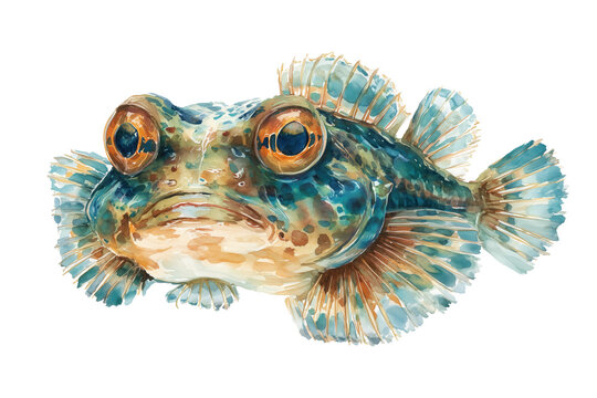 Big-Eyed Toadfish Hand Drawn Watercolor Illustration