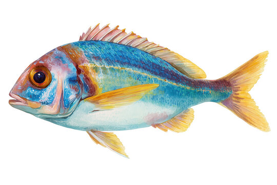 Ornate Threadfin Bream Hand Drawn Watercolor Fish