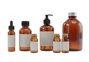 Amber bottles collection isolated on transparent background