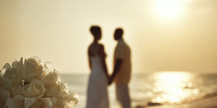 Celebrating love and commitment, a focused wedding bouquet in foreground with a blurred couple eloping on a sandy beach at sunset