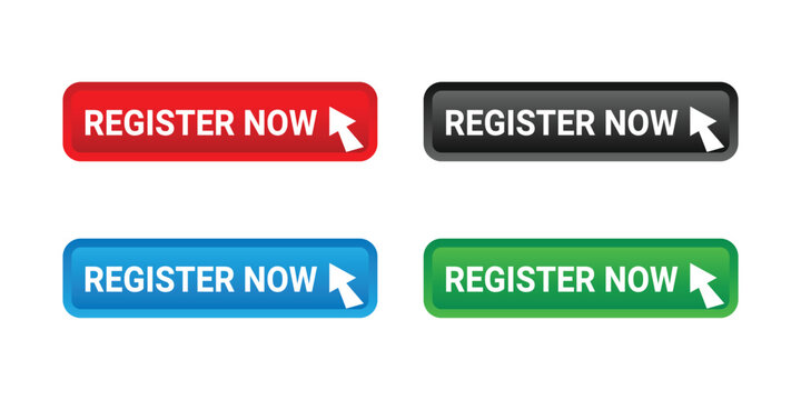 Four register now buttons with cursor icons in different colors On Transparent Background