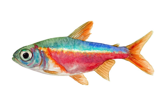 Colorful Neon Tetra Hand Drawn Watercolor Painting