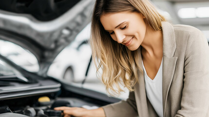Confident female professional inspecting a car engine bay, embodying independence and problem solving in auto service