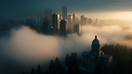 Dramatic city skyline shrouded in dense fog during sunrise or sunset. Fog in cities