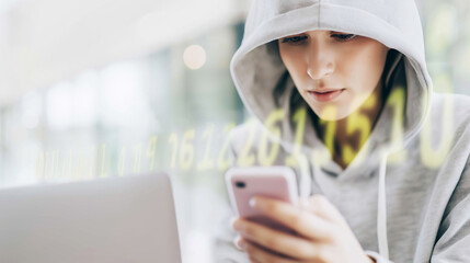 Young woman in hoodie intently using mobile phone, with digital code overlay, illustrating internet security threats