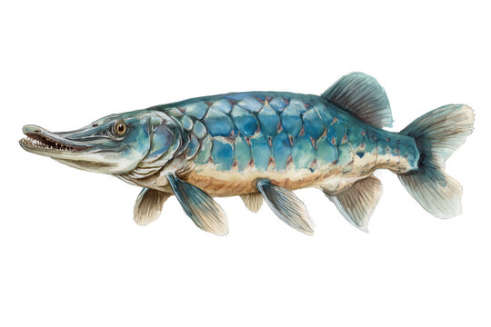 Longnose gar hand drawn watercolor illustration