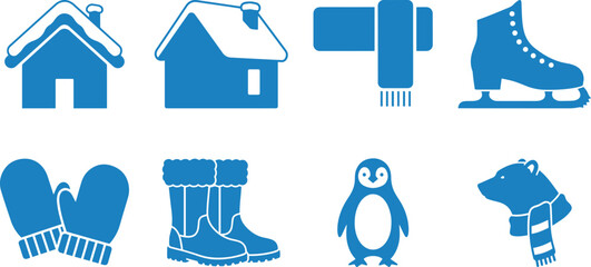 Snow Covered House, Scarf, Skating Shoes, Mitten, Winter Boots, Penguin and Bear Winter Icons