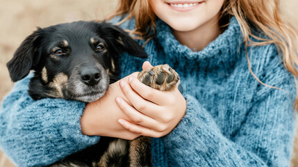Girl holding a small black dog and its paw, showing human animal connection, bonding, and trust between child and pet