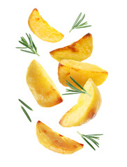 Baked potato wedges and fresh rosemary falling on white background