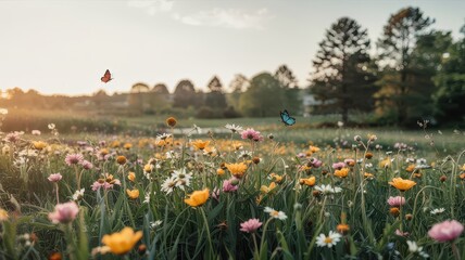Obraz premium Butterflies fly over a beautiful field of colorful wildflowers