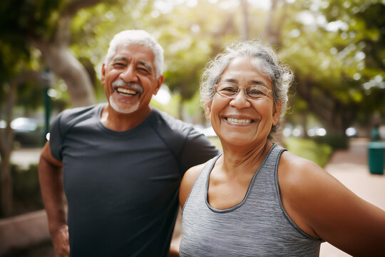 Older Hispanic couple exercising outdoors in park, active retirement concept