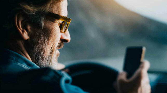 Man driving car and holding a mobile phone, looking at screen, distracted by smartphone, ignoring road safety - Powered by Adobe