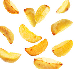 Baked potato wedges falling on white background