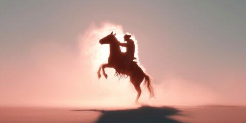 Horse rearing high with cowboy rider silhouette creating dramatic backlit scene at sunrise, symbolizing strength and wild spirit