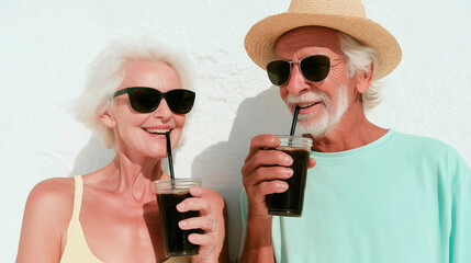 Happy senior couple wearing sunglasses, sipping cold beverages with straws. They are smiling and looking at the camera