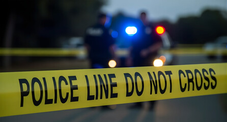 Police line do not cross tape with blurred officers