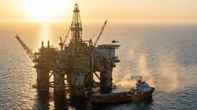 Offshore oil platform sunset with supply vessel and helicopter landing dramatic light support