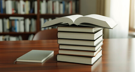 Stack of books with open book on top in library setting