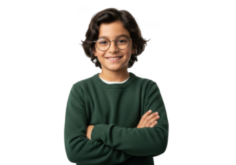 A young boy with dark curly hair and glasses smiles confidently with his arms crossed against a stark black background
