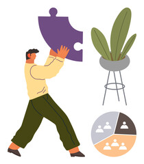 Man lifting purple puzzle piece, tall potted plant, segmented circle with team icons. Ideal for teamwork, collaboration, problem-solving, strategy, organization creativity and connection. Simple