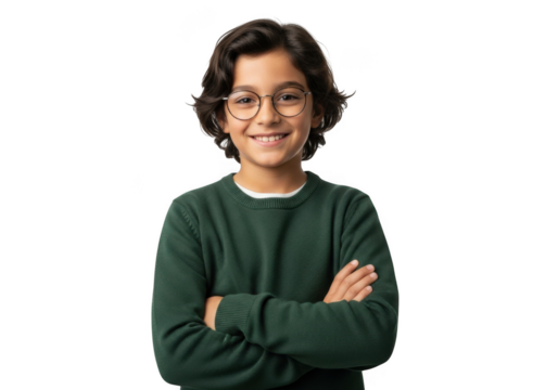 A young boy with dark curly hair and glasses smiles confidently with his arms crossed against a stark black background - Powered by Adobe