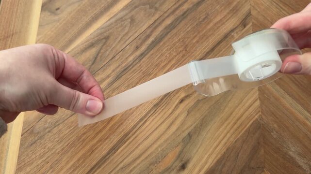 Female hands pulling off a long strip of clear tape from a tape dispenser over a wooden table. Office, packaging, and DIY concept filmed in 4K with natural light.