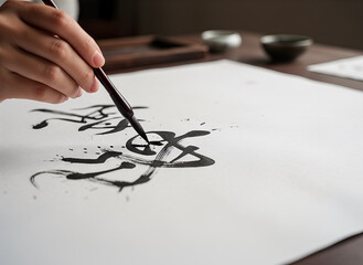Hand painting Chinese calligraphy with brush on white paper  