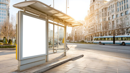 Blank advertising billboard mockup at a city bus stop, offering copy space for promotion in a Madrid urban setting