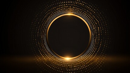 Elegant and futuristic golden ring surrounded by glowing particles creating a halftone-like light effect