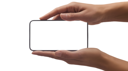 Close up of hands holding a modern smartphone horizontally with a blank white screen isolated on transparent background