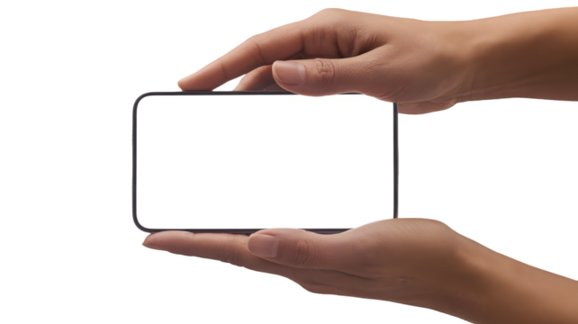 Close up of hands holding a modern smartphone horizontally with a blank white screen isolated on transparent background - Powered by Adobe