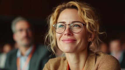A woman's joyful expression as she participates in a conference setting