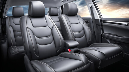 Fototapeta premium Modern SUV car interior showing luxury black leather seats with white stitching and detailed design elements