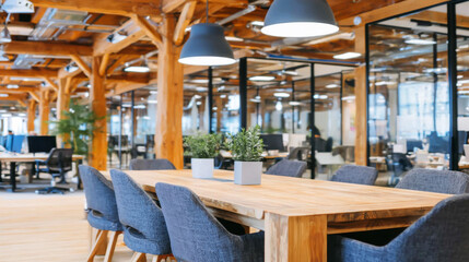 Fototapeta premium Modern coworking office interior in Madrid, Spain, featuring working space and a conference table