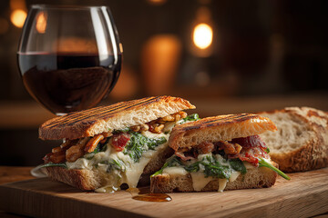 Gourmet Grilled Cheese Bacon Sandwich with Red Wine