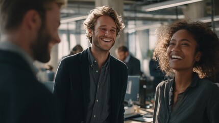 Colleagues laughing in office setting