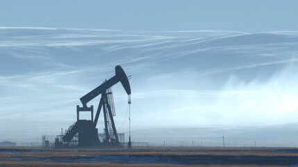 Fototapeta premium Oil pumpjack operating in winter field, extracting energy under cold blue sky, a symbol of fossil fuel production