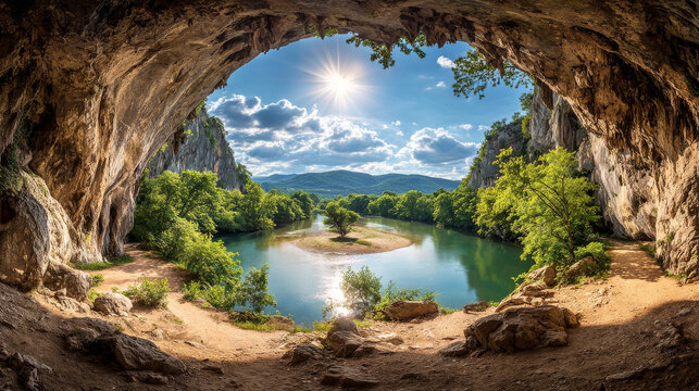 Cave opening framing a lush river valley with sunburst sky, illuminating natural beauty at the source of the Buna river - Powered by Adobe