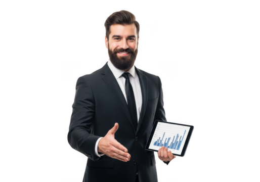 Confident businessman with beard and suit offers handshake while presenting a tablet displaying a financial growth chart against a black background - Powered by Adobe