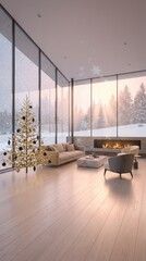 Fototapeta premium Cozy Christmas living room with a decorated tree and a fireplace