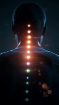 Glowing energy points along a human spine in a dark minimal scene creating a modern wellness, healing and nervous system concept with a futuristic calm mood
