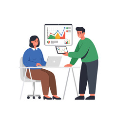 Modern flat vector of two coworkers discussing a line chart on a tablet. Ideal for teamwork, analytics, planning, collaboration, and business strategy visuals