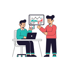 Modern flat vector of two coworkers discussing a line chart on a tablet. Ideal for teamwork, analytics, planning, collaboration, and business strategy visuals